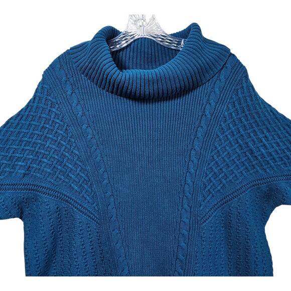 CHICO'S 3 Women XL Sweater Dark Turquoise Cowl Neck Chunky Knit Cotton Blend 48 - Picture 2 of 8